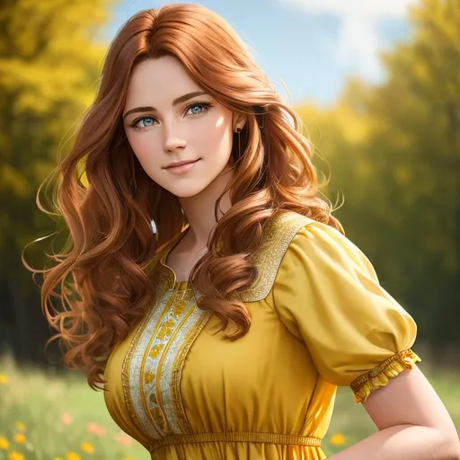 Prompt: Vertical portrait of {smiling young adult hazel eyed fair maiden with strong jawline in light yellow dress} with {wavy brown-red} hair, {country idyll background}, perfect composition, hyperrealistic, super detailed, 8k, high quality, trending art, trending on artstation, sharp focus, studio photo, intricate details, highly detailed, by greg rutkowski