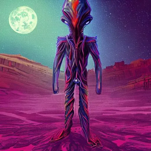 Prompt: 4k, high res, digital art, style of android jones, style of H R Geiger,  of a small frightened neon alien, alone, standing by a big hole, ominous, middle of the desert, dark sky, blue moon, shadowed obelisks, alien plant life, small fluorescent scorpions sparsely scattered on the ground, symmetrical, geometric patterns, cyberpunk color scheme, cyberpunk tech, creepy, psychedelic, tentacles, stark bold lines, angular, hyper symmetrical