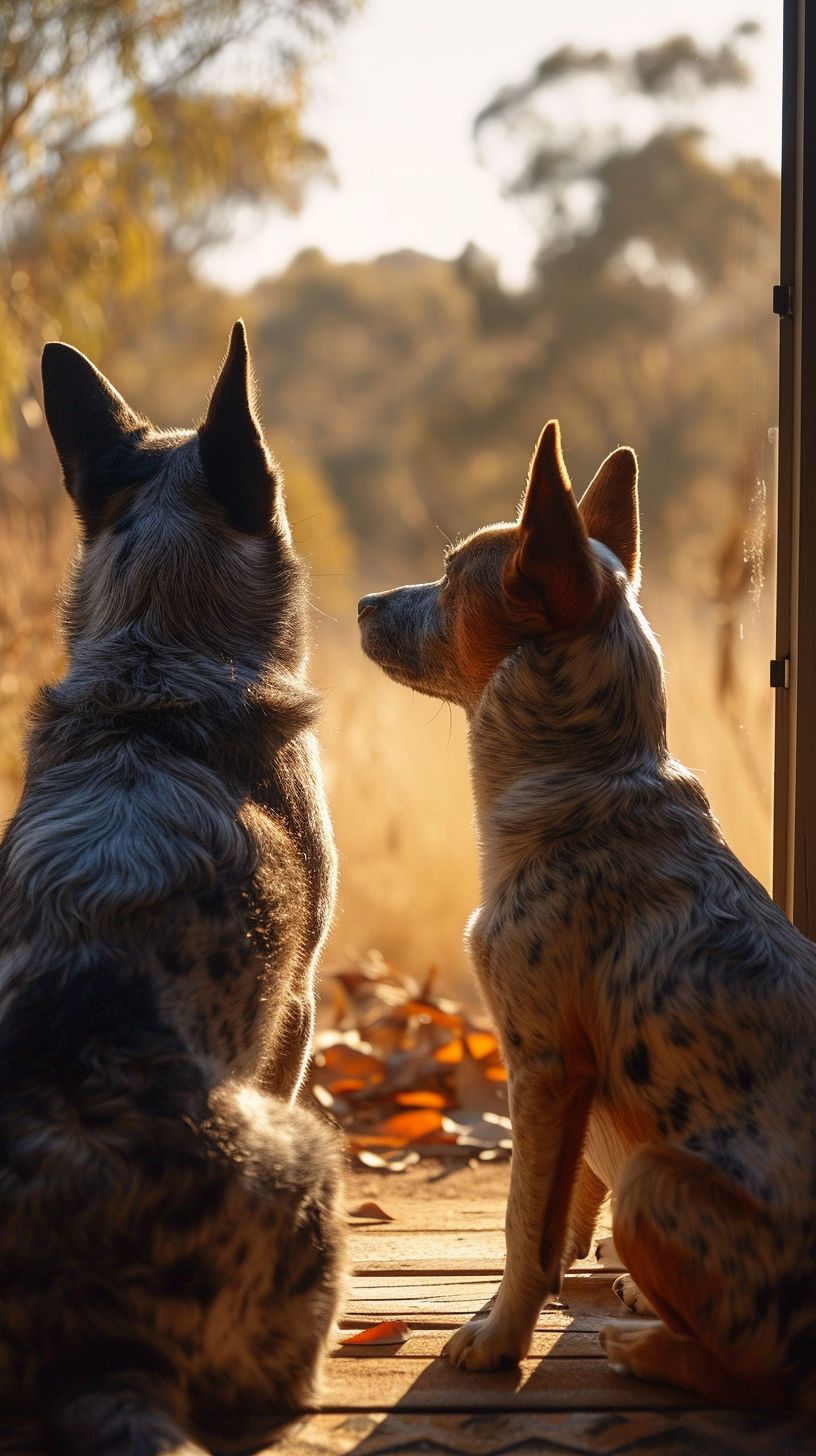 Prompt:  Live action Bluey movie with a female red heeler and a larger blue heeler, anthropormorphic, sitting on the porch in australia looking out at the untamed wilds as they hold paws --ar 9:16 --iw 1.2 --v 6.0