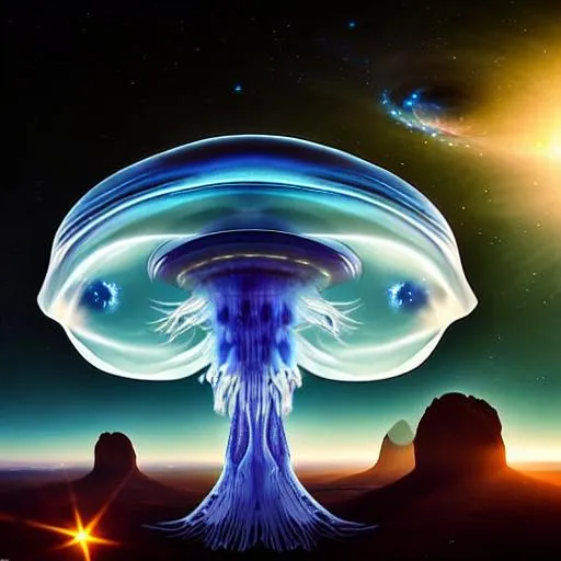 Prompt: Friendly Alien Space Jellyfish delegation arrives at dawn on earth long shot scenic professional photograph of the starry sky, perfect viewpoint, highly detailed, wide-angle lens, hyper realistic, with dramatic sky, polarizing filter, natural lighting, vivid colors, everything in sharp focus, HDR, UHD, 64K
