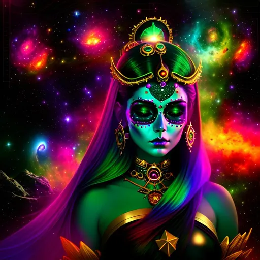 Prompt: Cosmic cinematic, Nebula, 3D, HD, {Beautiful Sugarskull}female as Goddess, plasma gold green silver red black, expansive Cosmic background, interstellar, freeform dark chaos, hyper realistic, 8K --s98500