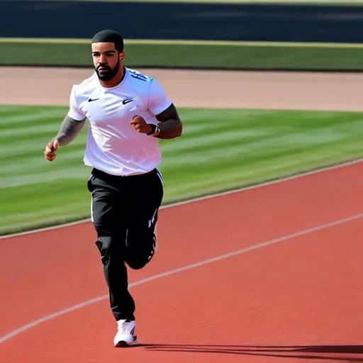 Prompt: Drake runs through the track field