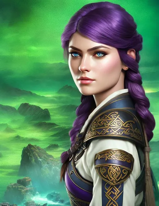 Prompt: she has dark purple hair, create most beautiful fictional female viking warrior, dark purple hair, light blue eyes, extremely detailed environment, detailed background, intricate, detailed skin, professionally color graded, photorealism, 8k, moody lighting