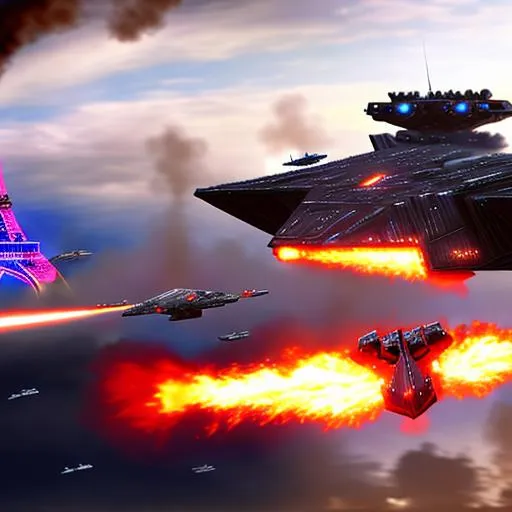 Prompt: battle in Paris, explosions, realist, detailed, with Star Destroyer from Star Wars in skyes

