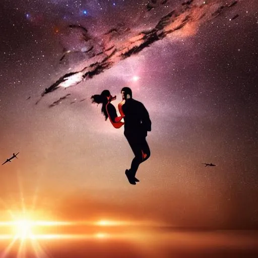 Prompt: A photorealistic of two people gliding through the atmosphere’s of space with stars and galaxy’s around them