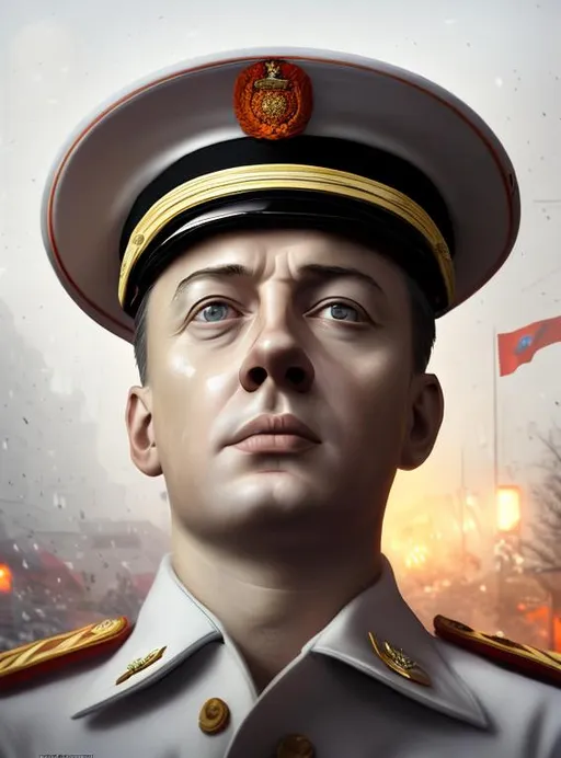 Prompt: Valery Mikhailovich Sablin, red flag waving behind, face centered portrait, confident, fog, rain, volumetric lighting, soft light particles floating near him, illustration, perfectly shaded, soft painting, parade white clothes, white gloves, parade ship captain white peaked cap, parade ship captain white jacket, oval face, fallen in jaw, medium sized nose, young european, young, skinny face, Soviet officer, colorful photo, Soviet Union Lenin's propaganda like style. 