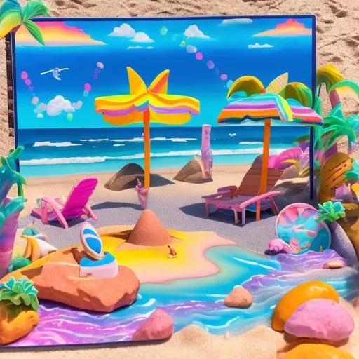 Prompt: Lisa frank style Beach diorama