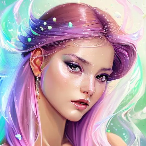 Prompt: full length oil painting of  #Prisi# young woman with pink hair as a translucent [artic fox spirit]| (full body)| detailed face| wearing white dress with pink and gold details| straight pink hair| mythical| elegant| hyperrealism| highly detailed| intricate detailed| volumetric lighting| Ukiyo-E| by Anne Stokes and Noriyoshi Ohrai