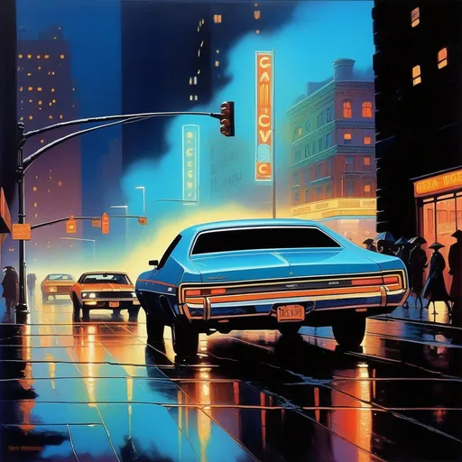 Prompt: 1970s, downtown New York at night, neon, car chase, rain, fog, cold blue atmosphere, cartoony style, extremely detailed painting by Greg Rutkowski and by Henry Justice Ford and by Steve Henderson 

