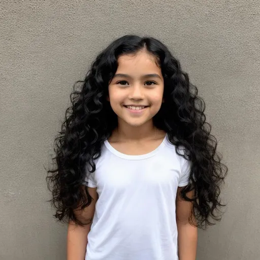 Prompt: 10 year old, long curly black hair, black eyes, shy smile, cute face, white skin tone