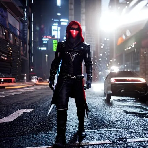 Prompt: Male Shadowrunner with red hair and tattoo's on face and neck trench code monofilament sword cyberpunk cityscape Ultrareal unreal engine 5