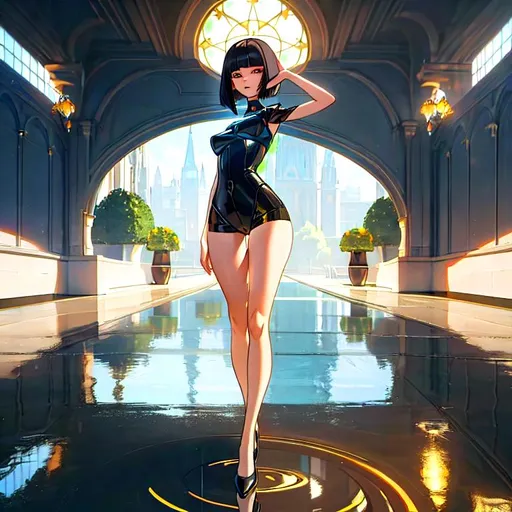 Prompt: a lonely AI girl, very tall, thick thighs, wide hips, huge glutes, long legs, slender arms, slender waist, big beautiful symmetrical eyes, intriguingly beautiful face, aloof expression, bob haircut with bangs, wearing Water, realistic reflections, realistic textures, realistic lighting, realistic shadows, 12K raytracing, 12K resolution, hyper quality, hyper-detailed, 12K resolution, hyper-professional