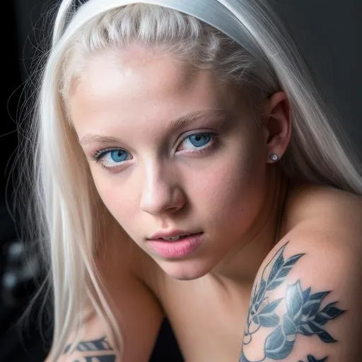 Prompt: albino black girl 20yo, blue eyes, tattoo