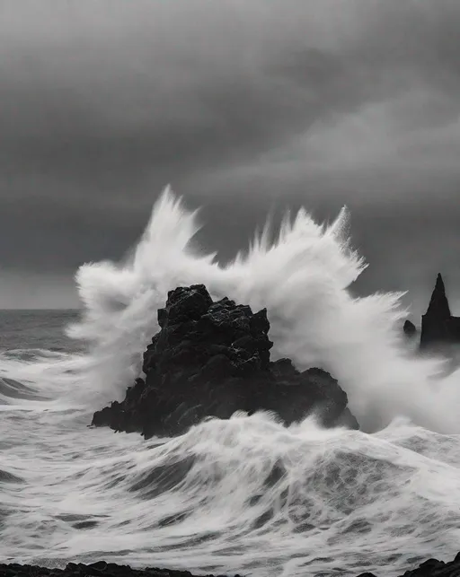 Prompt: Massive storm waves violently crashing against black volcanic rocks on a gloomy, overcast day. The brooding dark ocean water churns and foams as waves smash into the jagged rocks. Shot with a high shutter speed to freeze the motion. Moody black and white edit creates a dark, ominous mood. Minimalist composition highlights the raw power and beauty of nature. Shot with a Canon EOS R5, 70-200mm lens at f/4, 1/2000 shutter speed.