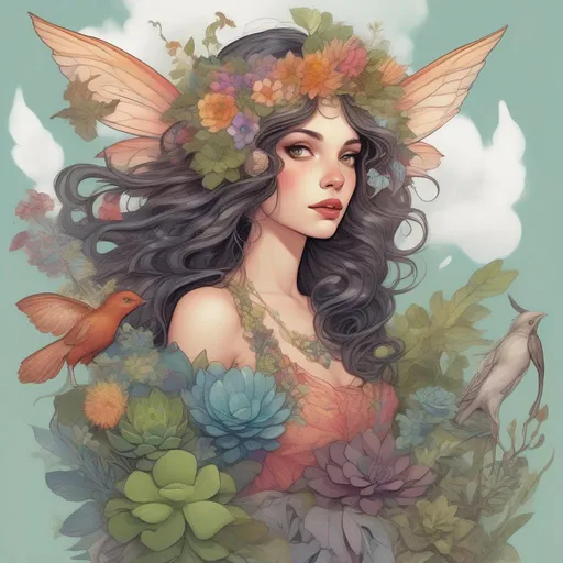 Prompt: A colourful and beautiful head to toe Persephone as a fairy with fairy wings; with succulent, feathers and gems in her brunette hair. In a beautiful flowing dress made of plants. Surrounded by birds and clouds, in a painted style in a marvel comics style