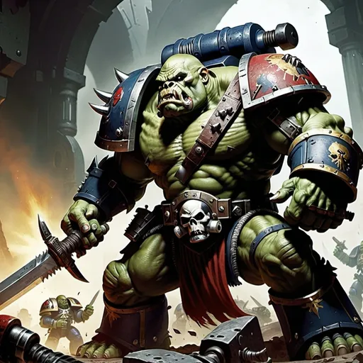 Warhammer 40k a large brutish orc yielding a sword l...