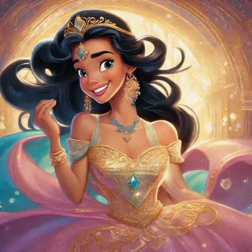 Prompt: Vivid, detailed, Disney classic art style, Jasmine Disney princess, smiling, sparkling glittering gown, cloth headband with jewel, magic flying carpet