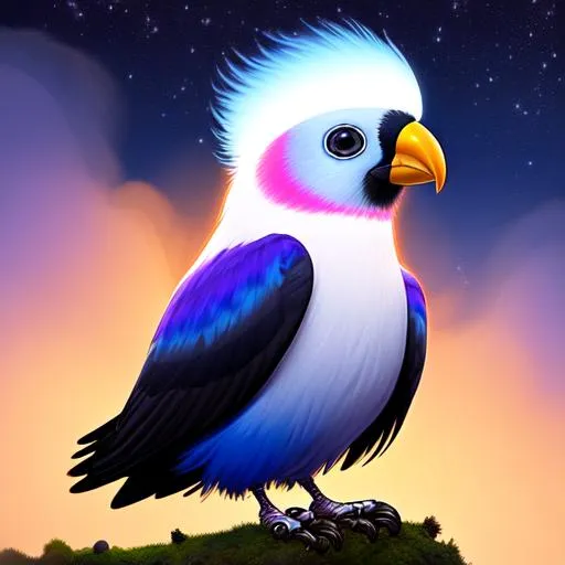 Prompt: side view, wide view, 7 "colorful, proud, fat,  "baby condor", with a halo", (wearing a helmet) glowing, realistic, spiked hair, fluffy, silky, furry, backlit, warm tones, night-sky, moss, indigo, cream, coral, bone-white, photorealistic eyes, : ornate, dynamic, particulate, intricate, elegant, highly detailed, centered, artstation, airbrush, acrylic on paper, volumetric lighting, occlusion, smooth, sharp focus, 128K UHD octane render, w more d etail.