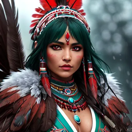 Prompt: A pretty and colorful Apache woman with feathers, in the style of dark green and scarlet red, pine and snow background, realistic and hyper – detailed renderings, stefan gesell, aztec art, machine aesthetics, uhd image, dark white and turquoise, morbid, grim dark, wet, dark, very detailed, rendered in octane, wet, dense atmospheric, epic, dramatic, photorealistic, hyper ornate details, clear and sharp, only one person, only one face, Art by Stanley Artgerm Lau, Art by Genzoman, Art by Joe Madureira, Art by BlushySpicy, Art by Stjepan Sejic, Art by J Scott Campbell, Art by Guillem March, Art by Citemer Liu, Art by Kenneth Rocafort, 4k, High resolution, Comic book, Comic book character, Comic, High quality, Super high quality model, Production cinematic character rendering, Vivid, Highly detailed, Epic, Intricate, Cgsociety trending, Centered, Minidemo, Thoughtful, Intricate details, Ink cloud, Splash, Expansive, Elegant, Intricately detailed, Concept art, 8k, photo illustration by Marton Bobzert, Maximalism, Volumetric lighting, Natural light, Professional photography, calligraphy, Intricate gouache by Jean Baptiste Monge, photorealistic masterpiece by Aaron Horka and Jeremy Mann, Photorealistic, Masterpiece, 8k resolution, Ink flow, alberto seveso art, detailed gorgeous face, Perfect body proportions, super detailed art photo