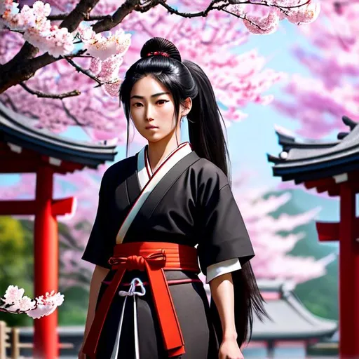 Prompt: Young Samurai with long black hair and ponytail, wearing samurai armor, standing in a Japanese temple, cherry blossom petals falling, illuminated lanterns, glowing sunrise, tranquil lighting, ethereal lighting, delicate shadows, ((beautiful detailed eyes, symmetrical eyes), dramatic lighting, (photorealism:1.5), (photorealistic:1.4), (8k, RAW photo, masterpiece), High detail RAW color photo, a professional photo, realistic, (highest quality), (best shadow), (best illustration), ultra high resolution, highly detailed CG unified 8K wallpapers, physics-based rendering, photo, realistic, realism, high contrast, hyperrealism, photography, f1.6 lens, rich colors, hyper-realistic lifelike texture, cinestill 800)