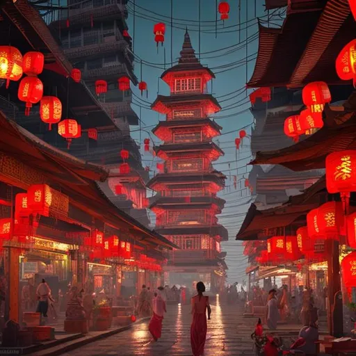 Prompt: A traditional Cambodian pagoda with red lanterns floating high up in the middle of cyberpunk city cyberpunk style realistic 10000k high quality beautiful 