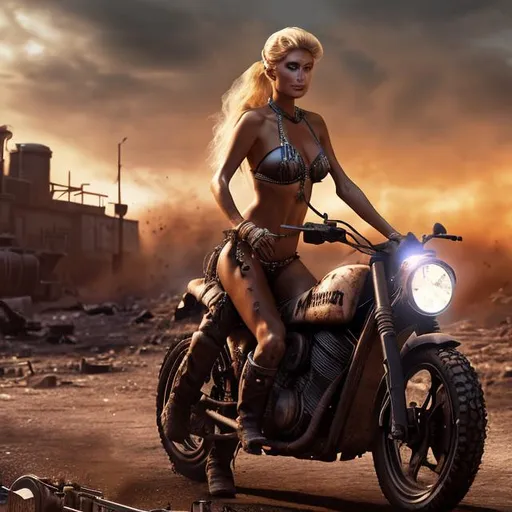 Prompt: Paris Hilton riding motorcycle in a post-apocalyptic wasteland racing a locomotive while wearing a bikini, in UHD 100 megapixels