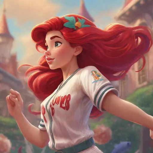 Prompt: Vivid, detailed, Disney art style, full body, Ariel Disney Princess, Hair part on left side, women's baseball uniform