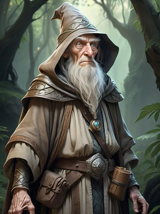 Prompt: Fantasy illustration of a skinny elderly wizard, nervous and anxious expression, total shot, high quality, 
rpg-fantasy, detailed armor, djungle wilderness background