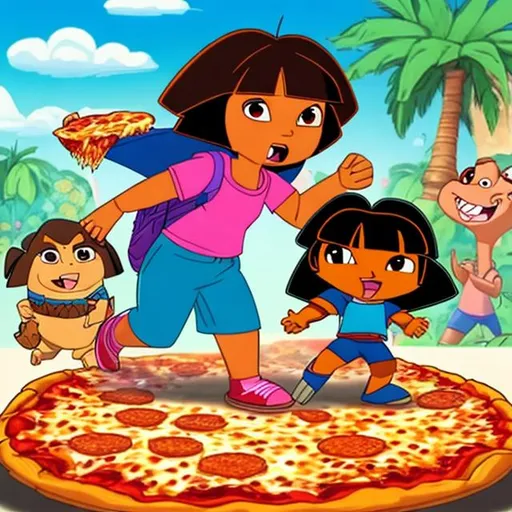 Prompt: Dora and Fuji fighting for chezzy Pizza cartoon charater