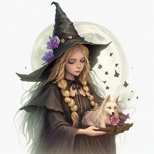 witch with long blonde hair, wearing witch hat, cute...