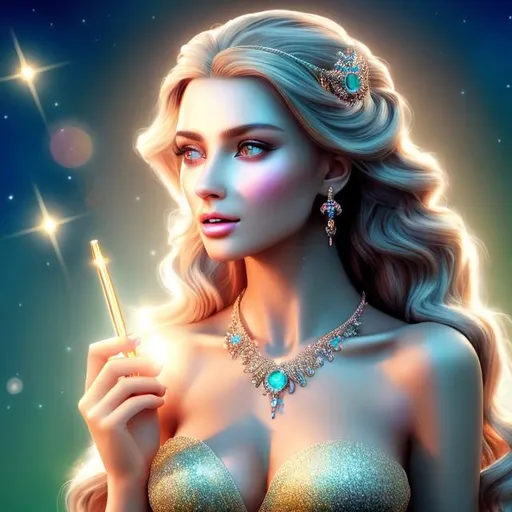 Prompt: HD 4k 3D 8k professional modeling photo hyper realistic beautiful young woman ethereal greek goddess of peace
teal hair hazel eyes gorgeous face tan skin beautiful shiny dress tiara jewelry holding sceptre and torch full body surrounded by magical glowing peaceful light hd landscape background bubbles doves and lambs