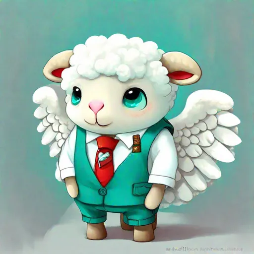 Prompt: Sheep anthropomorphic, kawaii style, white angel wings, wearing long sleeve white shirt over a teal vest with a red tie and teal pants with belts, Strength, Courage, Compassion, Masterpiece, Best Quality 