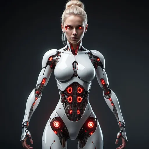 Prompt: Full body shot of a slim, very athletic cyborg woman with shiny blonde hair pulled back in a tight low bun. She is designed for combat. She has glowing red cyborg eyes. She is infected by a rogue AI.