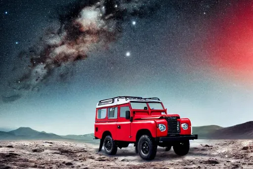 Prompt: land rover in red, in space, soft lighting, person leaning on car, earth in background