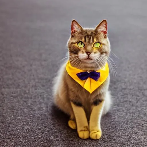 Prompt: purple cat with yellow eyes and gold collar standing on floor