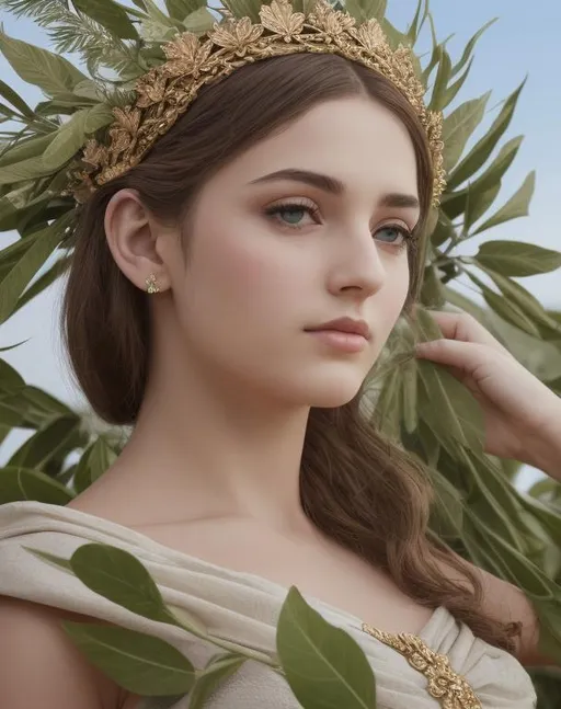 Prompt: A graceful Greek goddess with a crown of laurel leaves, her eyes gazing out into the horizon, 