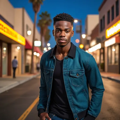 Prompt: (A black African young man posing for commercial photography) full length, on streets in California, photorealistic, creative lighting, vibrant color scheme, dramatic color contrasts, dynamic street background, ultra-detailed, high resolution, award-winning photography, vibrant urban backdrop, high-depth cinematic masterpiece, dynamic expressions and pose, 4K quality, bustling California street ambiance, intricate details, commercial photography excellence.