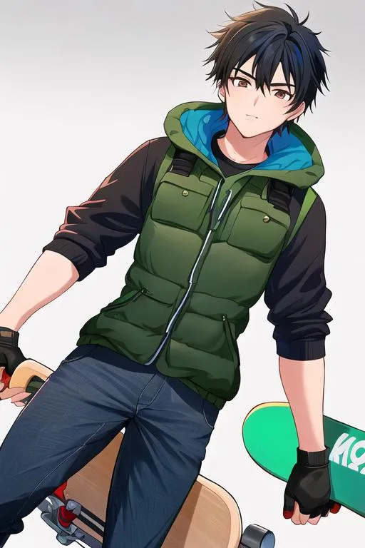 Prompt: A 20 years old boy, male, Black hair, brown eyes, wearing Blue insulated vest, But wearing Black hood, dark green trouser, and has a skateboard In its back