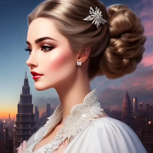 Prompt: head-on, bust, surreal cartoon,Stunning, glossy portrait of a stunning woman with silver and white hair pulled back into a bun, she is dressed like a cross between an Elizabethan princess and a high fashionista, background is a combination of new and old architecture, lit by a sunset close to the horizon line, trending on artstation