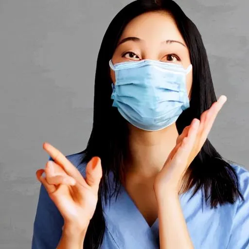 Prompt: 
 asian woman pointing at herself while wearing medical face mask concept of covid19




