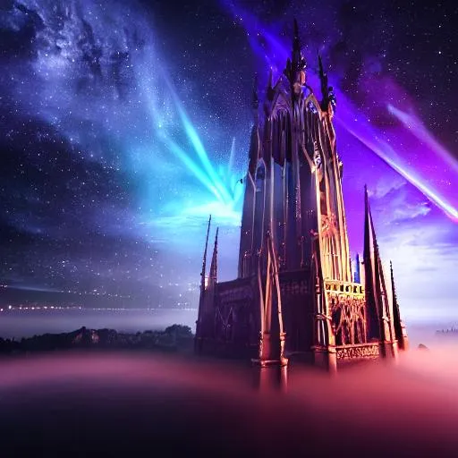 Prompt: Fantastic Magical Floating tower, floating, dark warlock tower, upside down, cathedral style, purple lights, amazing art, absolutely amazing, razor sharp focus, summery, mesmerizing, (masterpiece), volumetric lighting, beams, vivid colours, UHD, 16k, HDR, ((((best quality)))), ((( (extreme details)))) dark lights