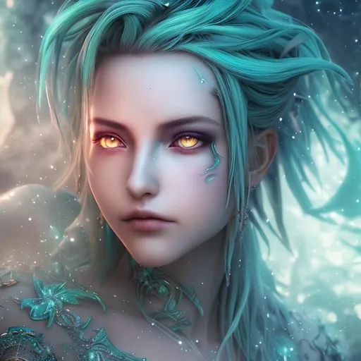 Prompt: Terra, final fantasy, magical, teal hair, ultra detailed artistic photography, red eyes, midnight aura, full-body, night sky, detailed gorgeous face, dreamy, glowing, glamour, glimmer, shadows, smooth, ultra high definition