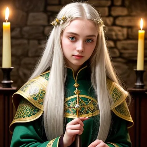 Prompt: In the dimly lit medieval chamber, a woman, approximately 19 years old, exudes elegance. Her fair complexion complements her natural white hair, and her striking green eyes, emphasized by kohl, add a touch of mystery. She wears medieval female attire, the tetradic colors of which resonate with the candlelight's warm glow. This ultra-sharp, realistic shot captures her slender and graceful form, creating a scene that feels both enchanting and enigmatic.