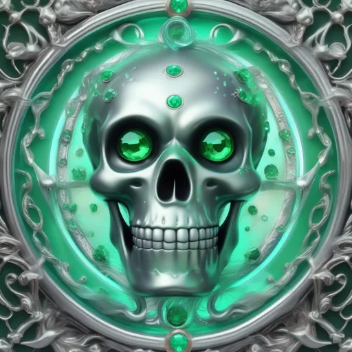 Prompt: Silver Skeleton, glowing sea-green eyes, sea-green gems, Circle of Life, best quality, masterpiece, in cartoon style