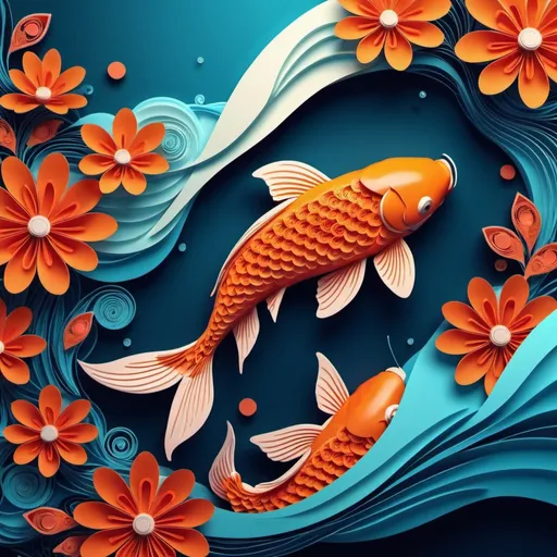 Prompt: flat emboss 3d style paper illustrator design 2Koi fish, flowers, water, cloude and lanscape background.  abstract vector fractal, wave function, quilling, Zent angle, 3d shading" by Jason Middlebrook --v 6.0, warm matte color grading, (cartoon-style bold line work:1.2), vibrant colors, cel shading, background cloude gradient color epic abstract vector fractal, cinematic shot, dynamic lighting, 75mm, Technicolor, Panavision, cinemascope, sharp focus, fine details, 8k, HDR, realism, realistic, key visual, film still, cinematic color grading.
