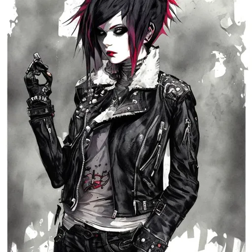 Prompt: character design punk rebel female wearing a leather jacket by demizu posuka 