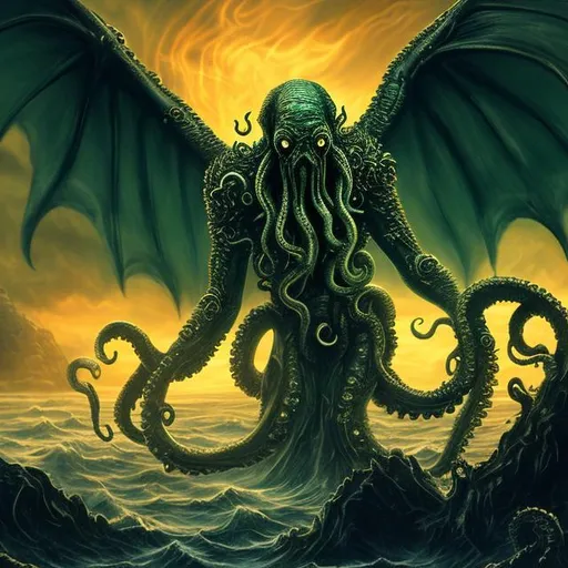 Prompt: Cthulhu, lovecraftian, old God, tentacles, wings, teeth, eyes, apocalypse, fire , sci fi, ruins, blood, midnight, 8k, highest quality, orange green purple yellow, sea boat, sea tales