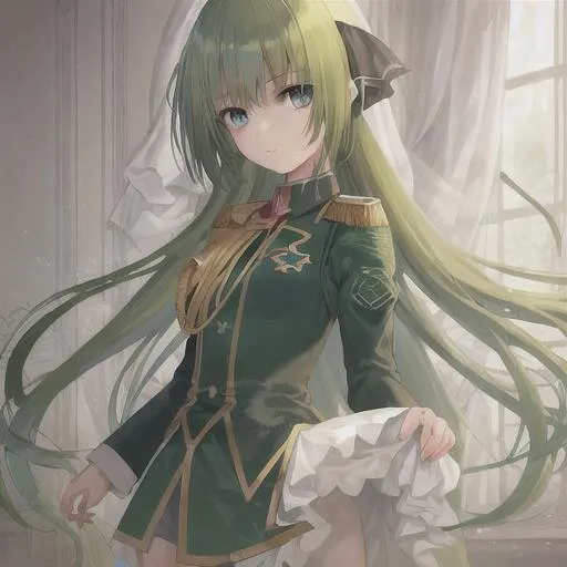 Prompt: young girl saphir shining eyes, long green hair, uniform
