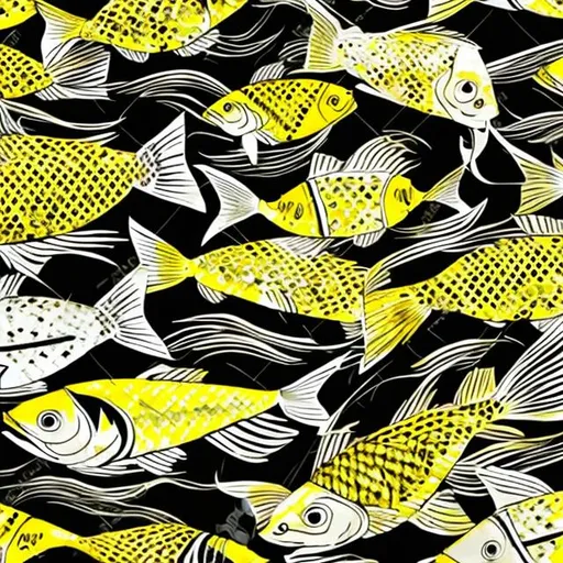 Prompt: fish yellow and black painted in Japanese style repited patterns
