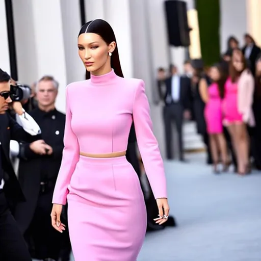 Prompt: Very high quality Bella Hadid wearing a highly accurated Barbie inspired pink Jil Sander perfect Look 